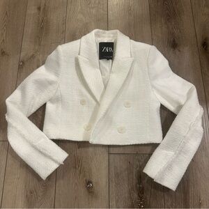 Zara Bright White Textured Tweed Cropped Blazer Formal Warm Blazer Jacket XS